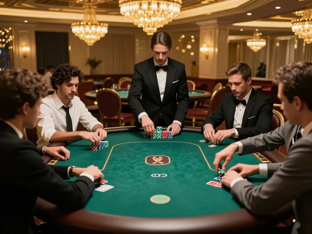 Players in intense focus at an okfun poker game in a luxurious casino, with chips and cards in action.