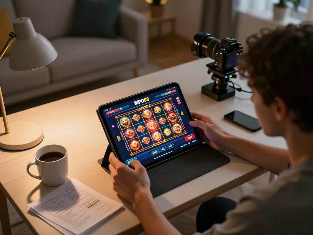 MPO08 user engaging with online casino on tablet, showcasing vibrant gaming interface.