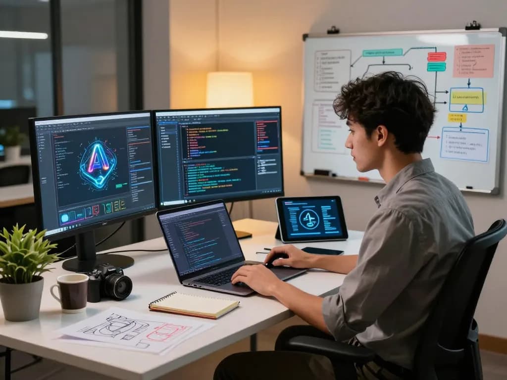 Professional workspace showcasing juicy ai development with coding software, digital whiteboard, and innovative gadgets.