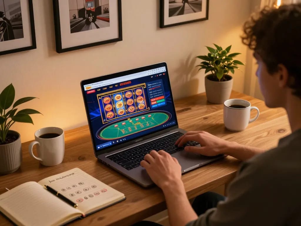 Engaged player enjoying Go88's online casino interface from a cozy home setup