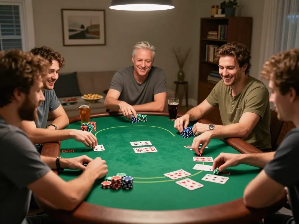 Friends enjoying a lively poker night at home, showcasing Juraganbet88 gameplay atmosphere.