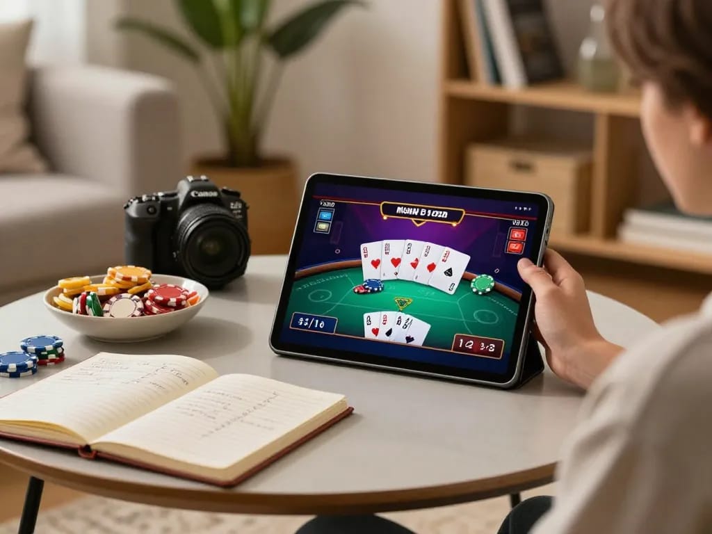 king33 player enjoying online poker on a tablet with cozy home setup and strategy notes