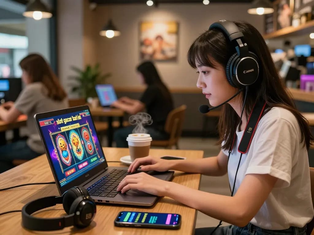 Pemain yang terlibat menikmati slot gacor hari ini secara online di kafe trendi dengan visual permainan yang hidup.