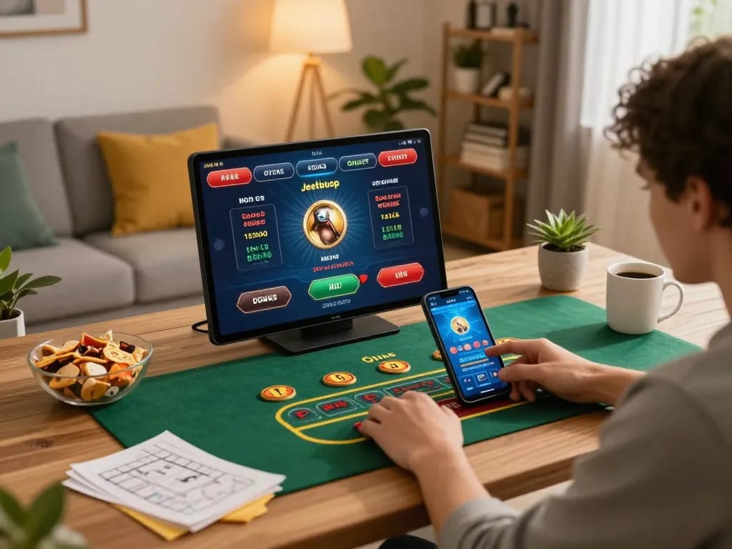 Jeetbuzz mobile app showcasing exciting online gambling gameplay in a cozy home setting