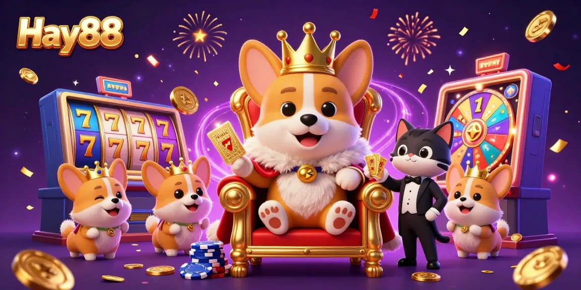 Experience the excitement of Hay88 with a vibrant casino scene featuring royal corgis and dynamic slot elements.