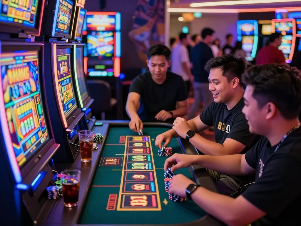 Excited players enjoying slot gacor hari ini at a lively casino table.
