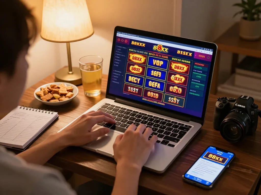 Engaging in online casino gaming with 88xx on a laptop at home, illustrating responsible entertainment.