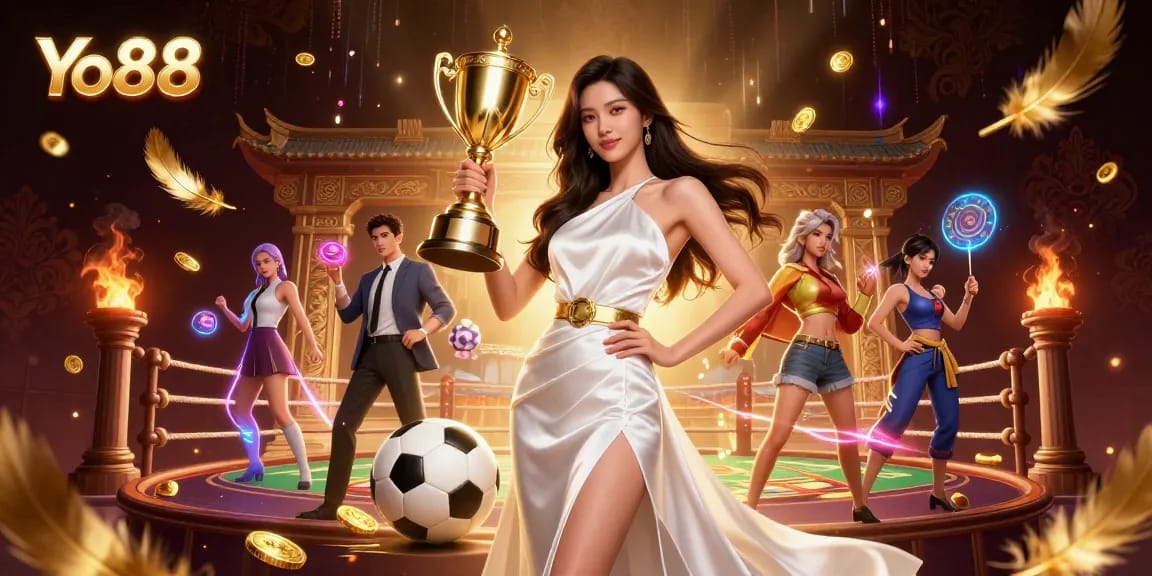 Celebrate victory with Yo88, featuring a confident Asian woman holding a trophy amidst dynamic sports betting elements.