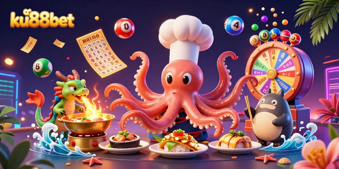 Engage in exciting gaming action with ku88bet's vibrant casino scene featuring lottery elements and dynamic characters.