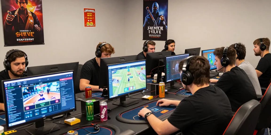 Exciting online gaming atmosphere showcasing players strategizing on https://gamebaidoithuong.is/ with energetic lighting and multiple screens.