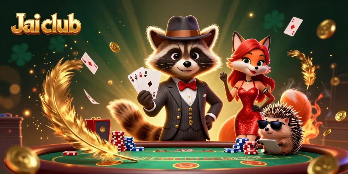 Engage with Jai club's exciting poker games featuring a suave raccoon, glamorous fox, and hedgehog bouncer in 3D illustration.