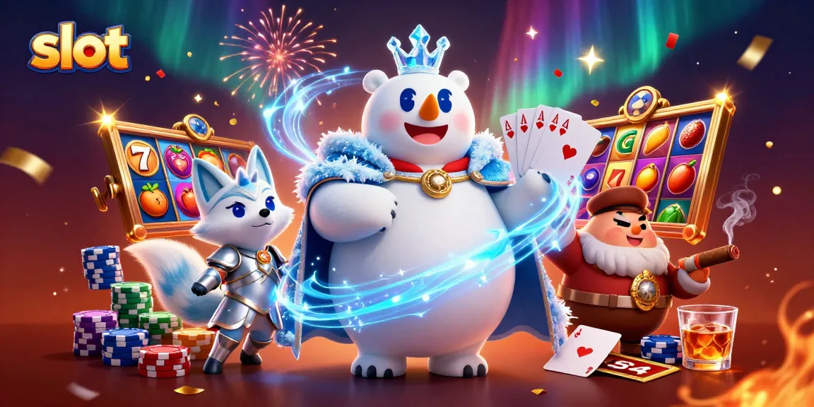 Spin slot reels and win big with this vibrant illustration of an ice king and snow fox in a casino setting.