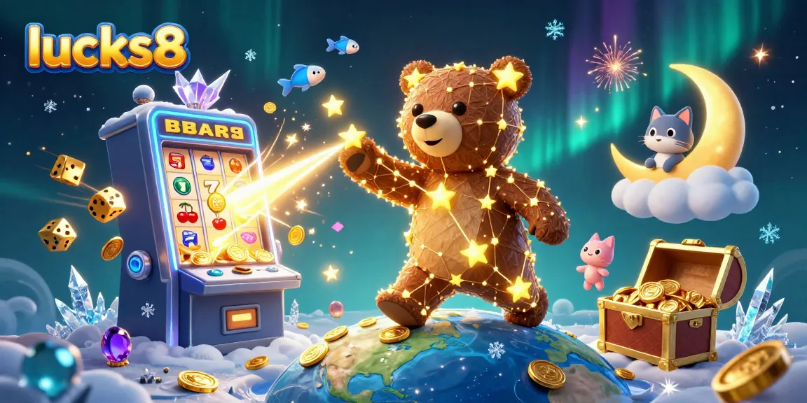 Play exciting slot games at lucks8 with our vibrant casino-themed illustration featuring golden stars and jackpots.