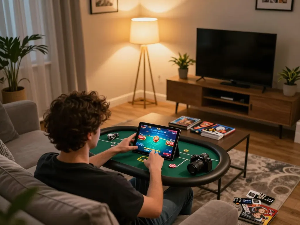 Engaging online poker gameplay with Sunwin on a tablet in a cozy living room