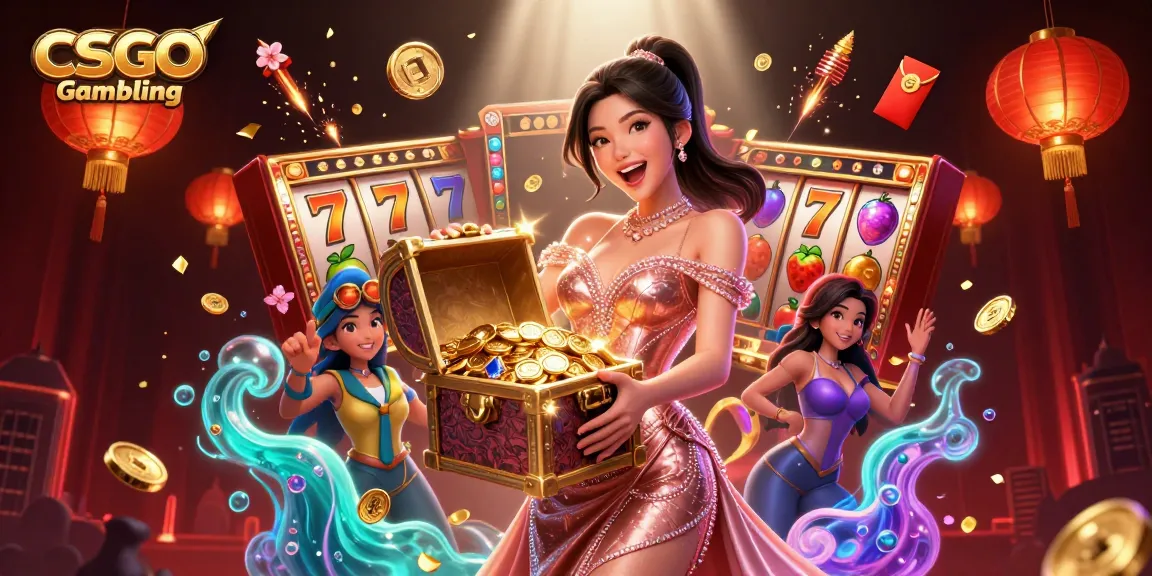 Terlibat dalam Perjudian CSGO dengan semangat, menampilkan harta karun dan simbol slot yang berwarna-warni.