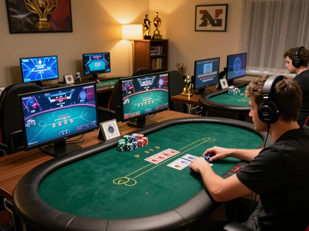 MM88 player strategizing in an advanced online poker setup, surrounded by vibrant gaming screens.