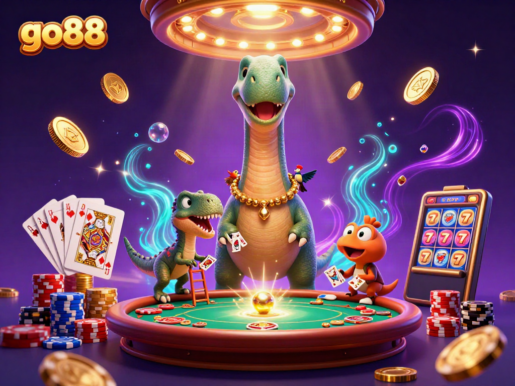 Experience thrilling gameplay with go88's creative 3D casino scene featuring a lively brontosaurus and raptor dealer.