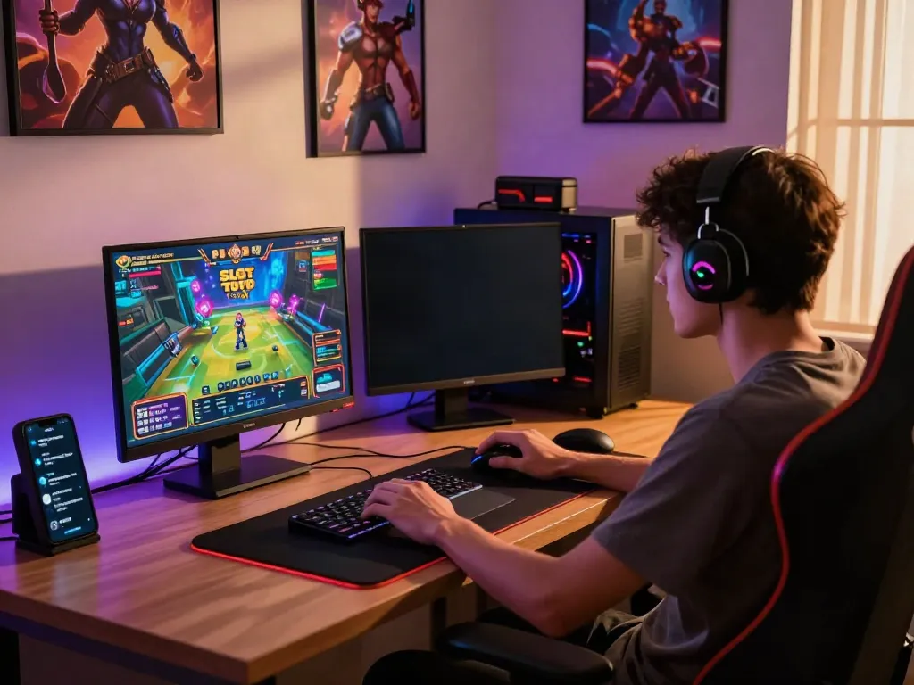 Engaged player enjoying SLOT TOTO game on a gaming laptop with vibrant room decor and ambient lighting.