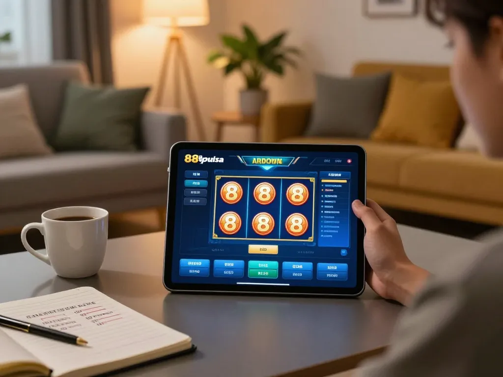 Engaging session playing 88pulsa slot on a tablet in a cozy home setting, showcasing responsible gaming.
