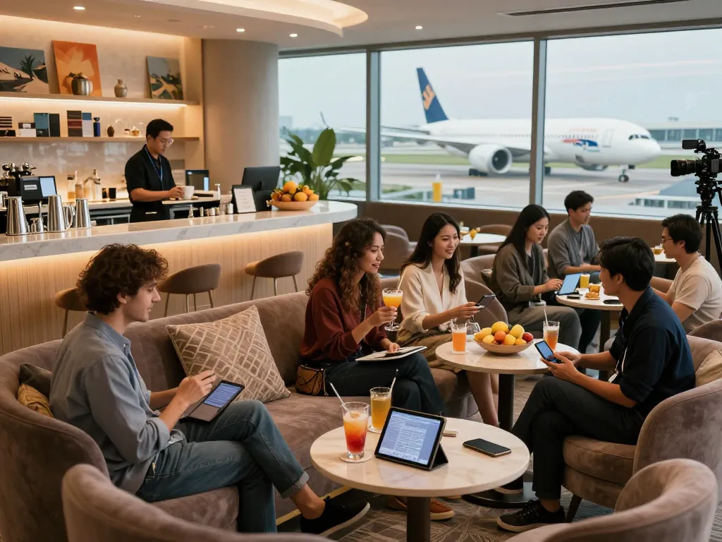 Travelers enjoying luxury lounge amenities before their 789P flight, with sleek decor and warm lighting.