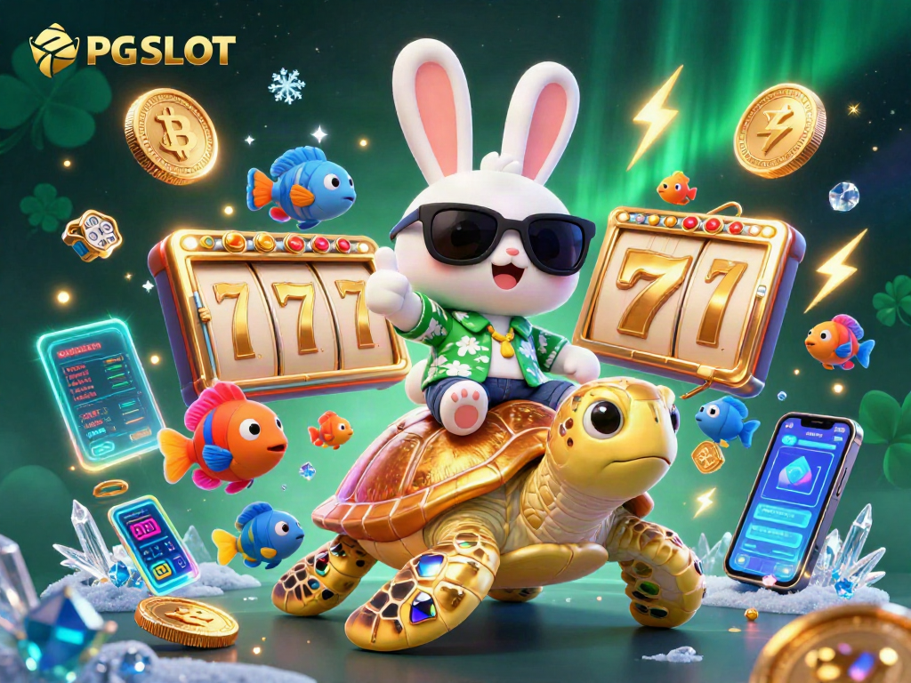 Spin to win with PG SLOT featuring a lucky rabbit and sea turtle amidst vibrant slot reels and crypto elements