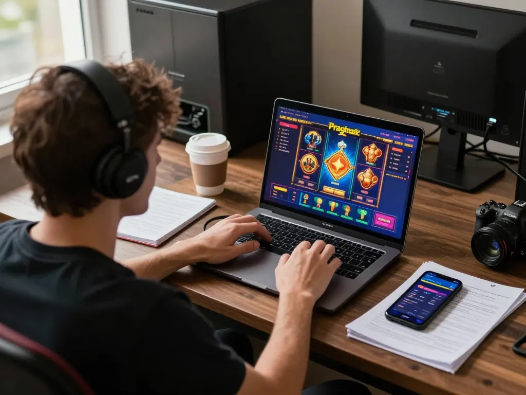 Engaged player exploring Pragmatic Slot game interface on a laptop while managing bets.