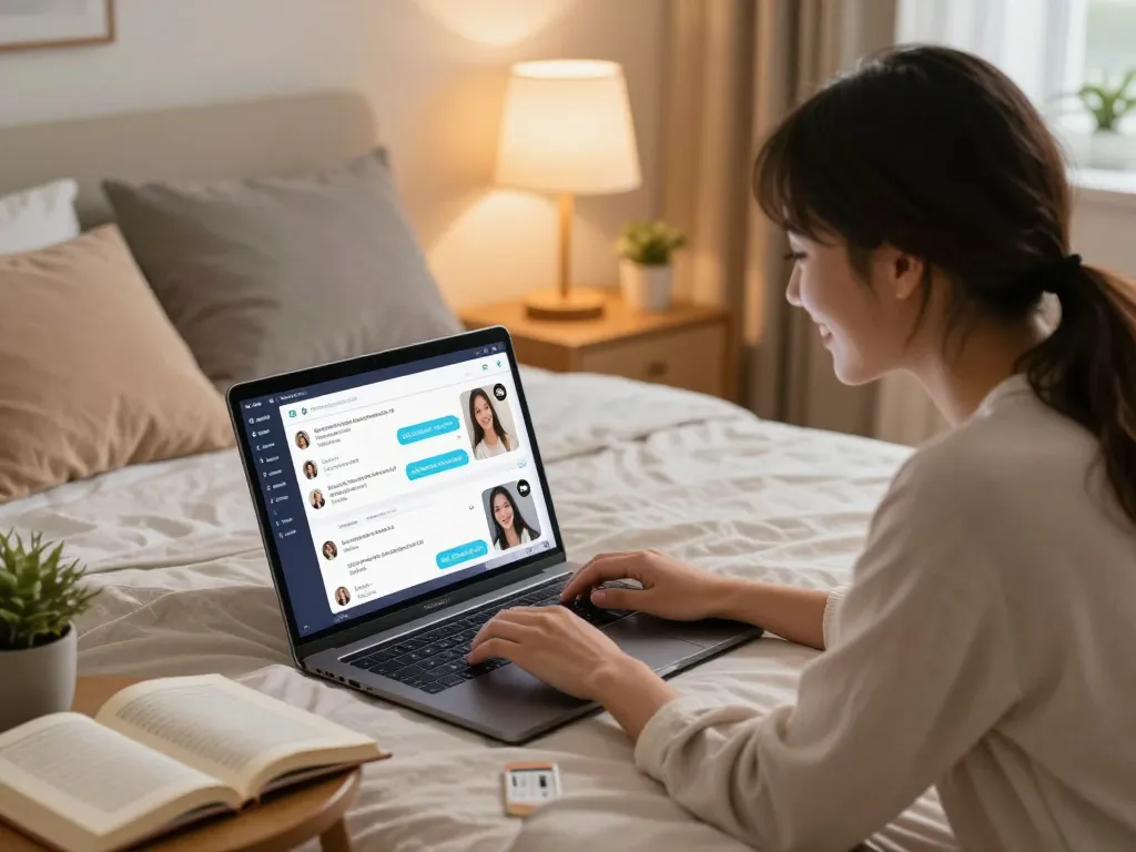 Engaging ai sex chat in a cozy bedroom with warm lighting, highlighting user interaction with AI companions.