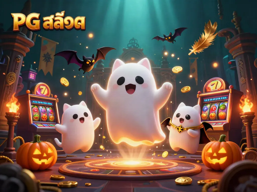 Experience the excitement of PG สล็อต with a vibrant casino scene featuring a ghost cat and bat, surrounded by dynamic gaming elements