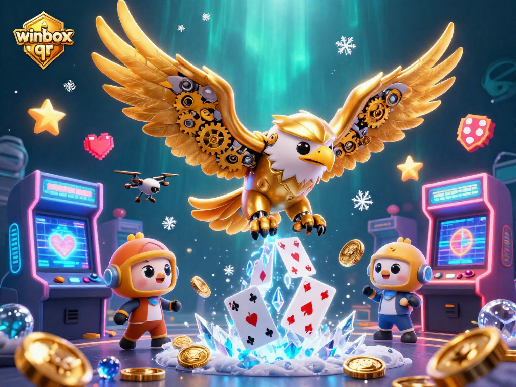 Engage with the thrilling winbox qr experience featuring a cybernetic golden eagle amidst a cascade of holographic playing cards.