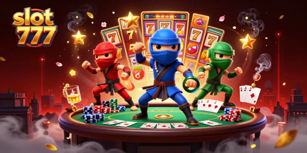 Geng ninja chameleon berwarna-warni memesan permainan slot 777 dengan elemen kasino yang menarik.