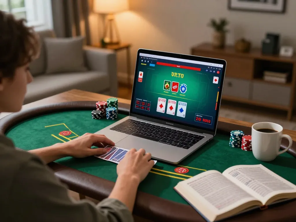 Enjoying a blackjack game on rik 88’s online platform with laptop at home, strategic gameplay, cozy lighting.