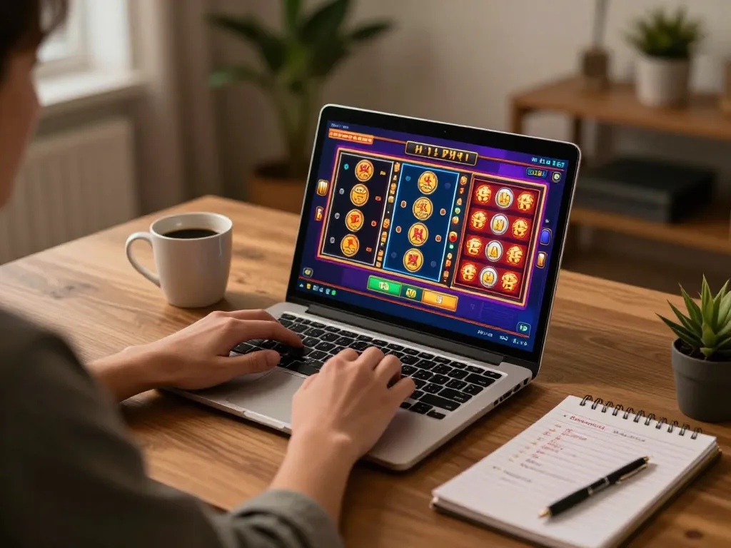 Engaging scene of a person using laptop for online casino gaming, showcasing how to link vào in a vibrant gaming environment.