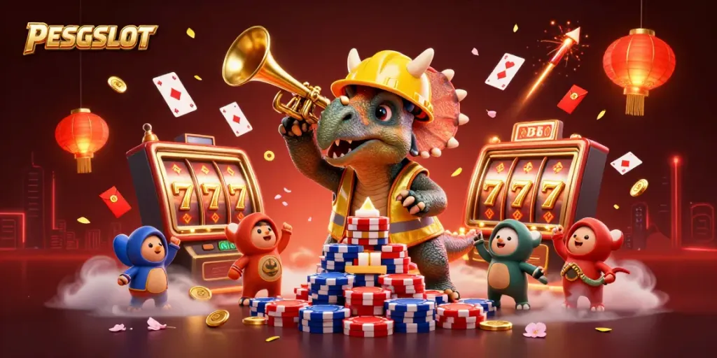 PESGSLOT menghadirkan ilustrasi kasino 3D dengan karakter ceria dan elemen keberuntungan yang kaya