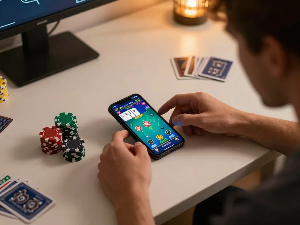 PERI11 mobile player immersed in online poker strategy on smartphone, focusing on winning techniques.