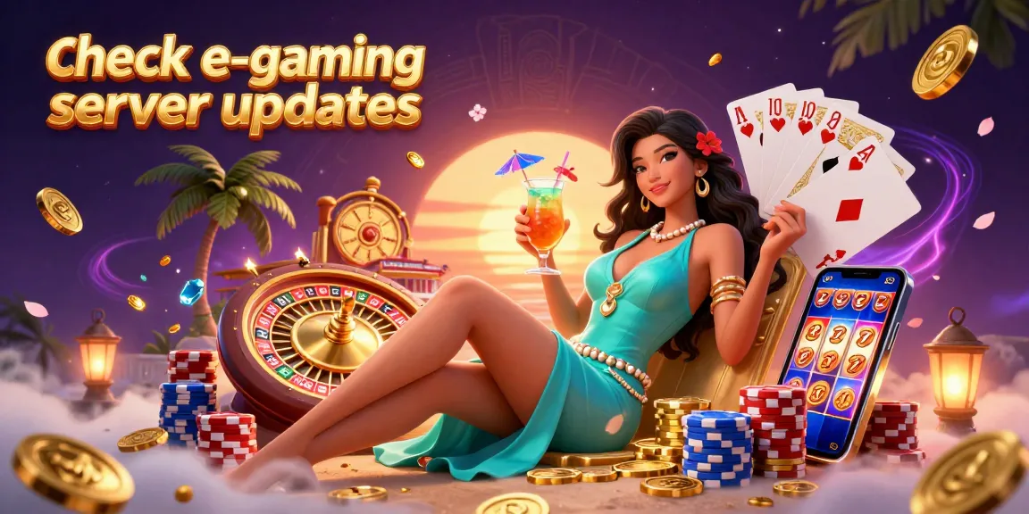 Check e-gaming server updates with a vibrant scene of casino excitement and dynamic gaming elements.
