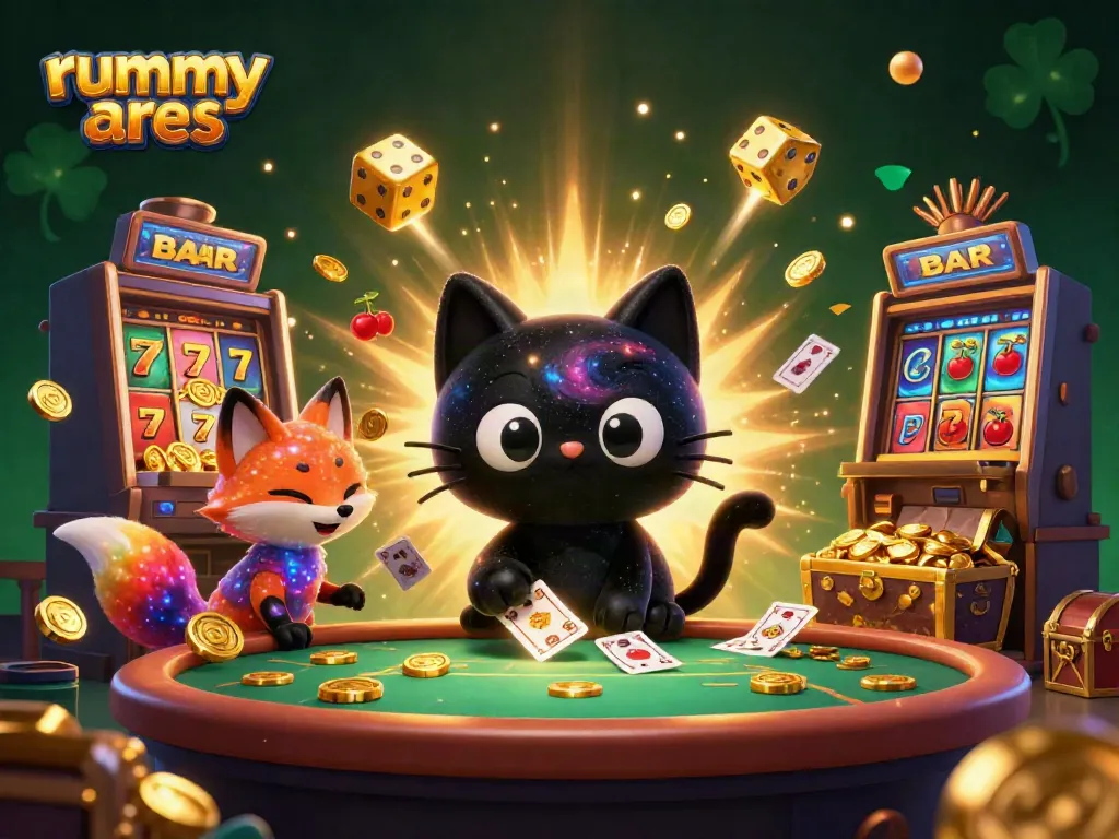 Engage in thrilling action with rummy ares as a cosmic black hole cat attracts casino riches at a vibrant gaming table.