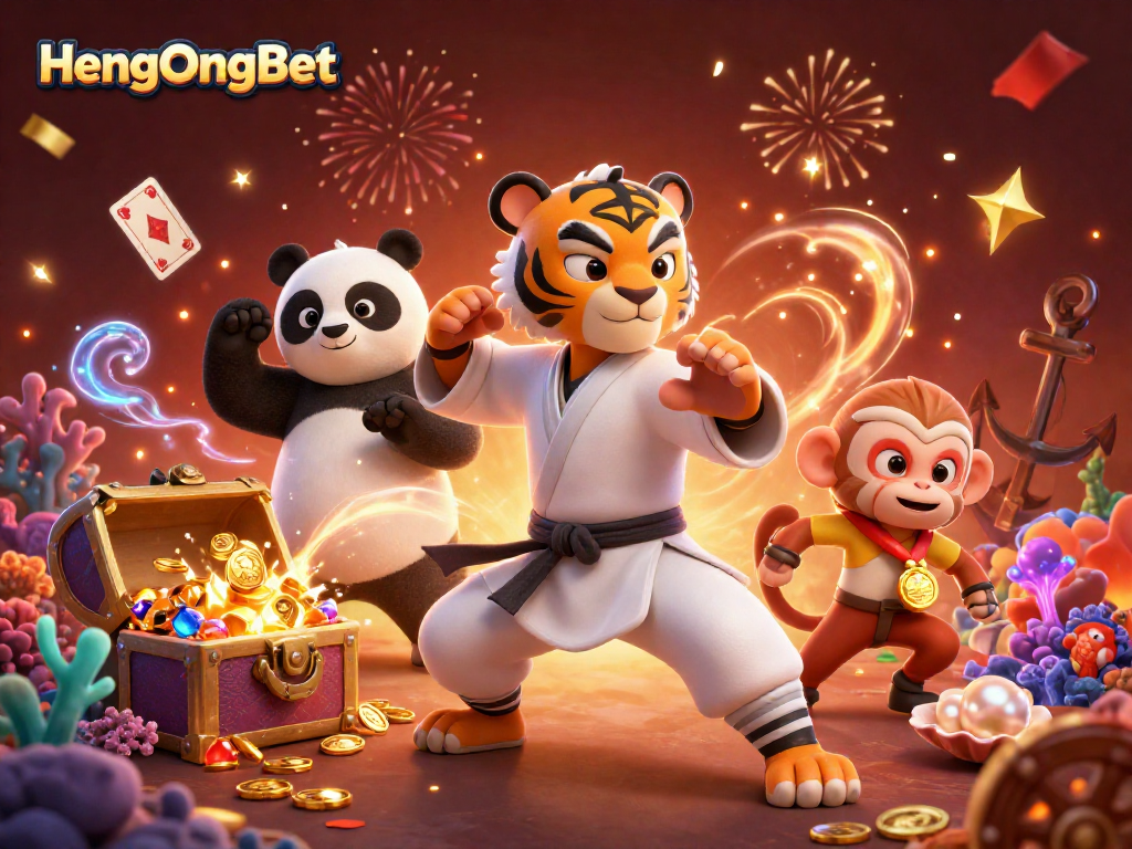 Engaging HengOngBet scene with kung fu characters and underwater casino treasures.