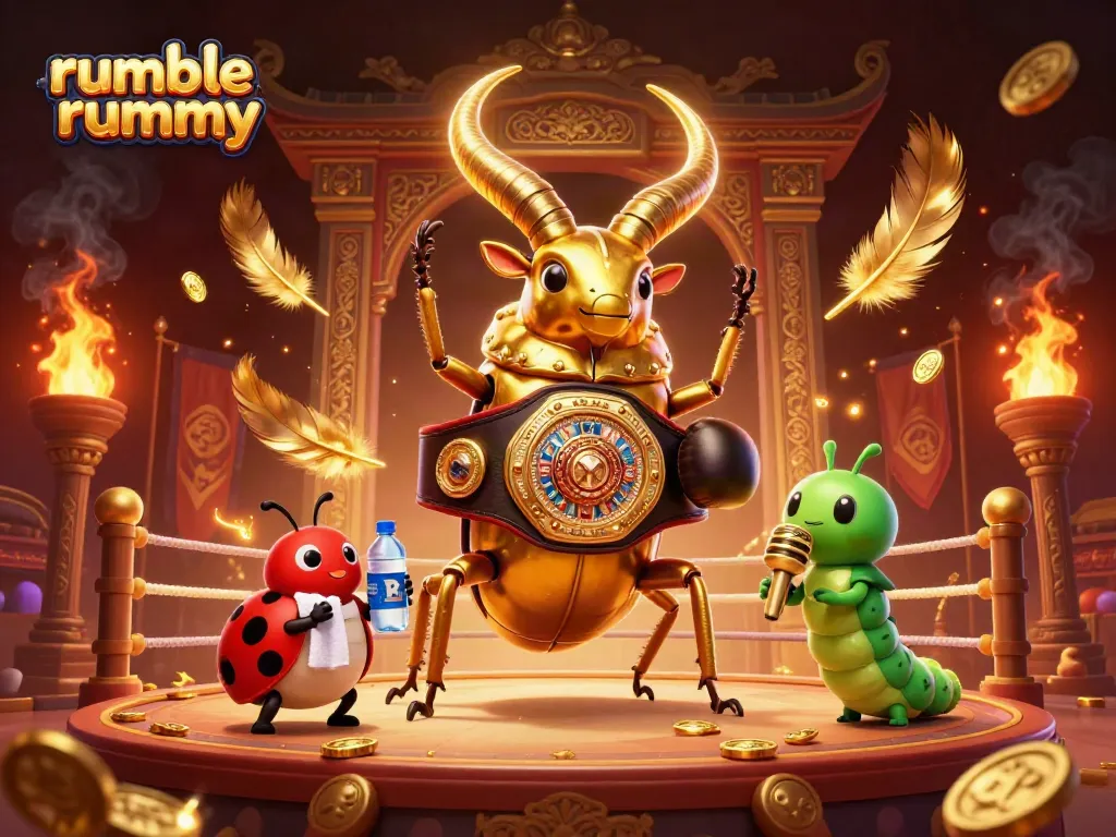 Experience the excitement of rumble rummy with a thrilling 3D illustration of a boxing bug showdown.