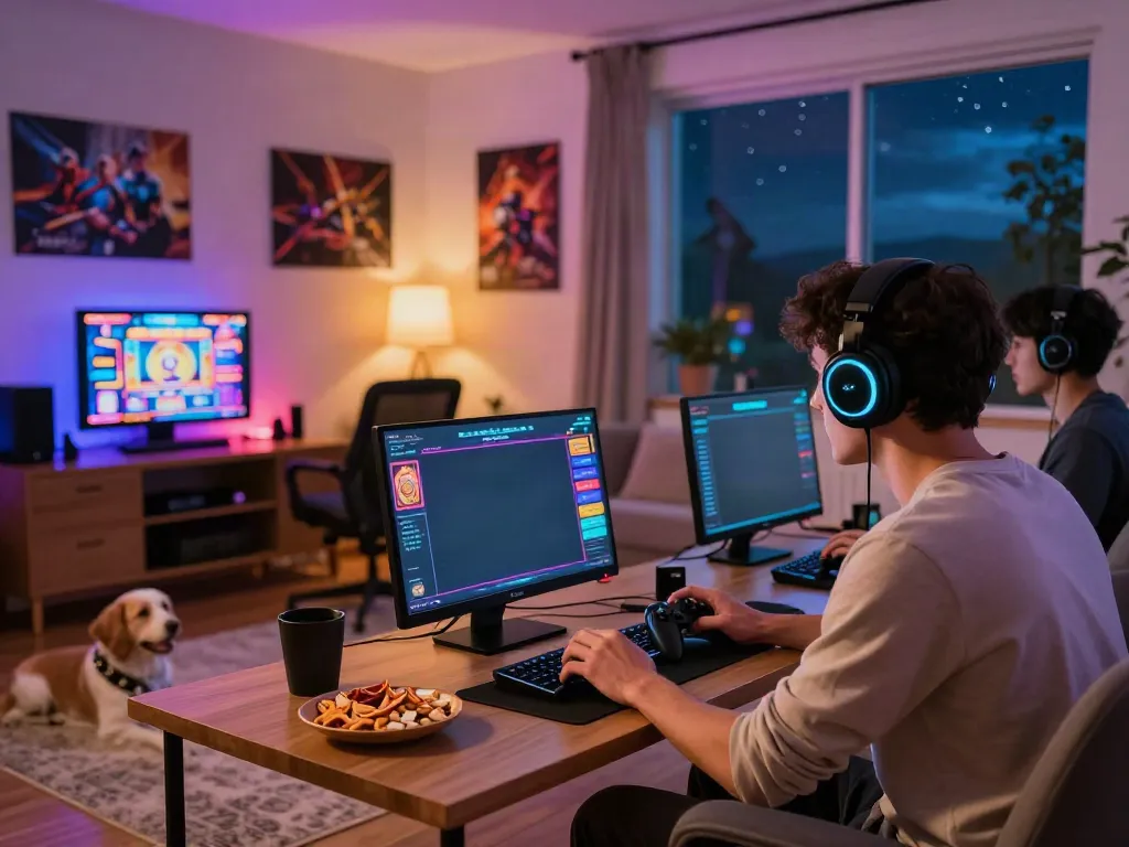 Engaging online gaming scene with akunjp slot game in cozy living room.
