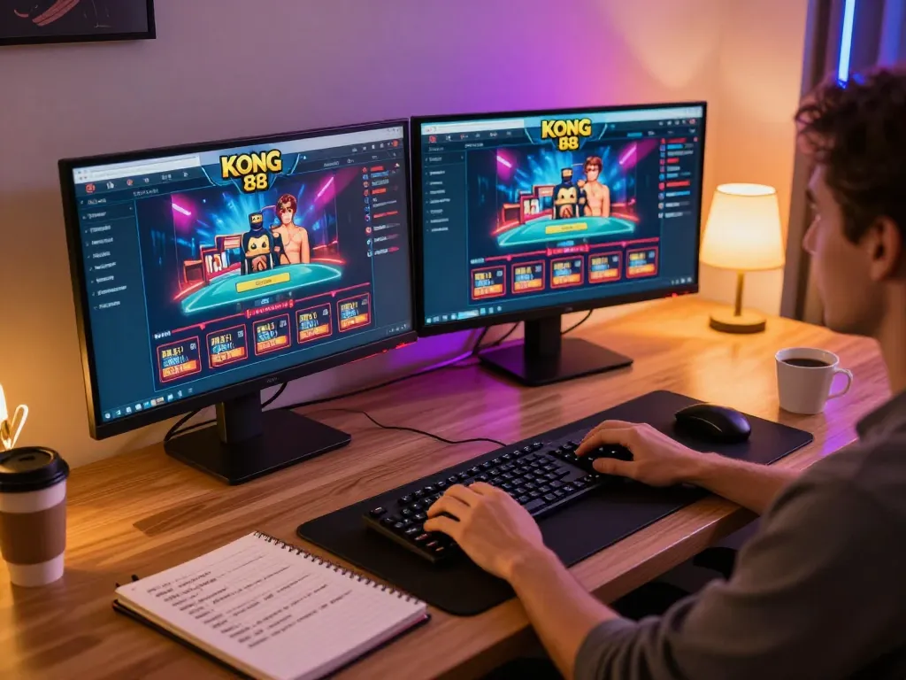 Kong 88 online gaming scene with a player poised to bet using dual monitors in a cozy environment.