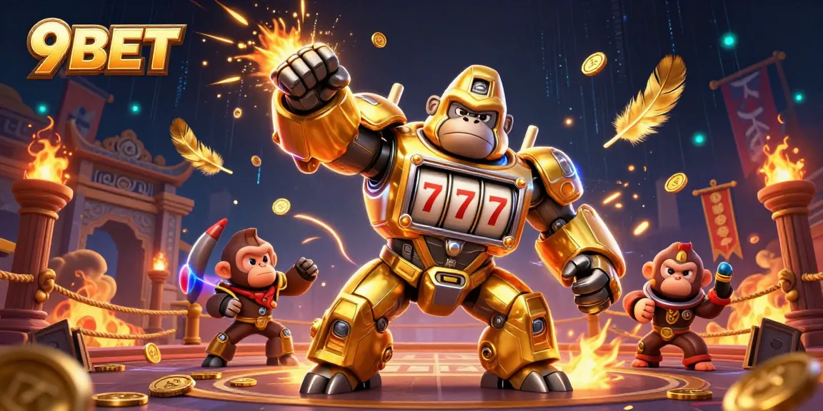 Engage with 9BET's thrilling casino atmosphere featuring a dynamic mech and exciting game elements.