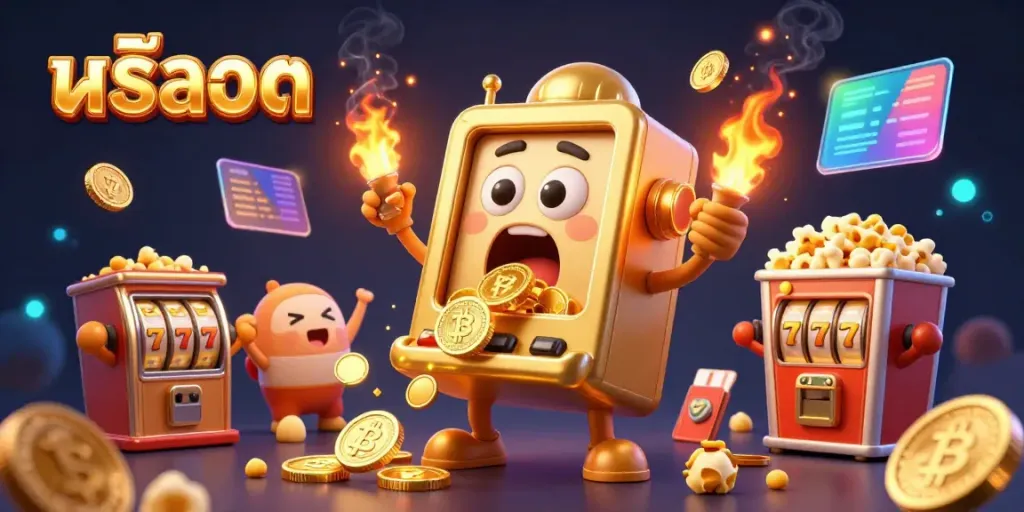 Experience the excitement of สล็อต as a golden slot machine hits the jackpot, surrounded by cheering baby machines and sparkling coins.