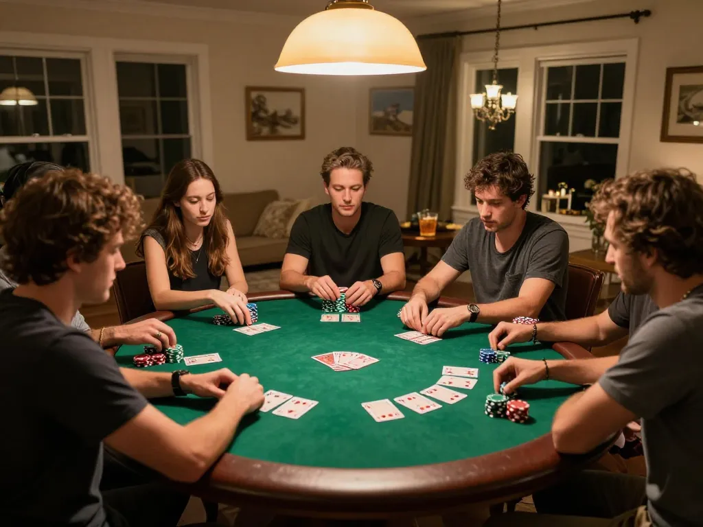 Players enjoy a friendly poker night while using 11-hd for game insights, showcasing strategic gameplay.