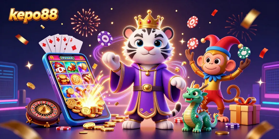 Engage with exciting games at kepo88 with colorful slot games, golden coins, and dynamic winning actions.
