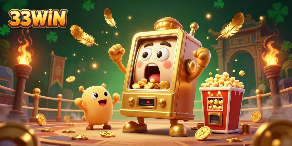 33WIN celebrates big wins with a golden slot machine hitting a jackpot amid cheering baby slots in a dynamic casino scene.