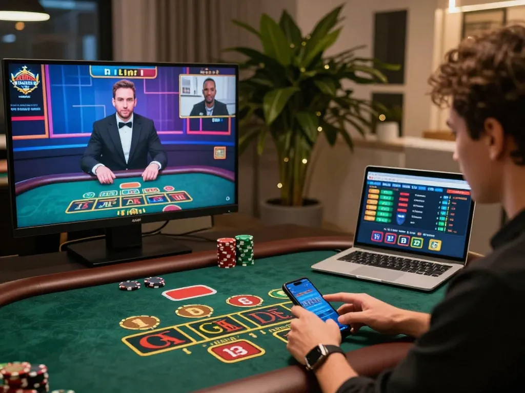 Kuwin players engaging with a live dealer online, showcasing interactive gameplay in a vibrant casino setting.
