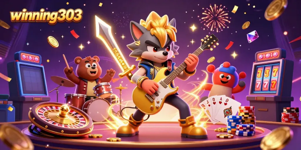Winning303's exciting casino adventure with a wolf guitarist and bear drummer, vibrant action!