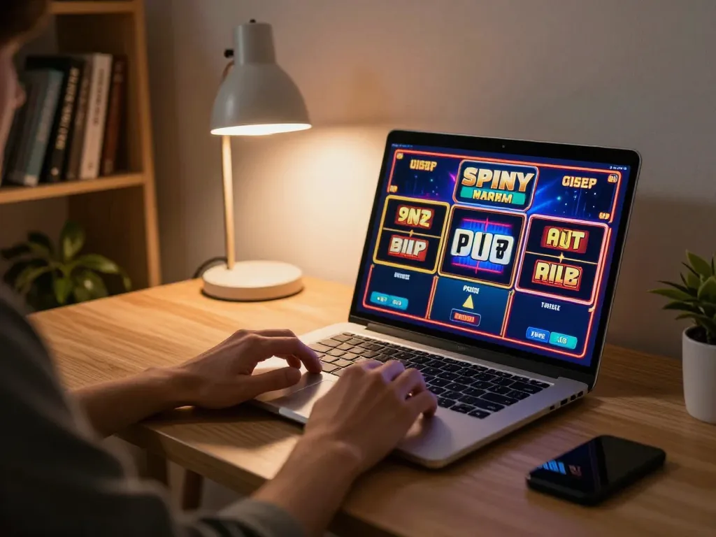 Pemain yang terlibat memutar gulungan pada permainan slot online di lingkungan rumah yang nyaman di Situs Judi Online.