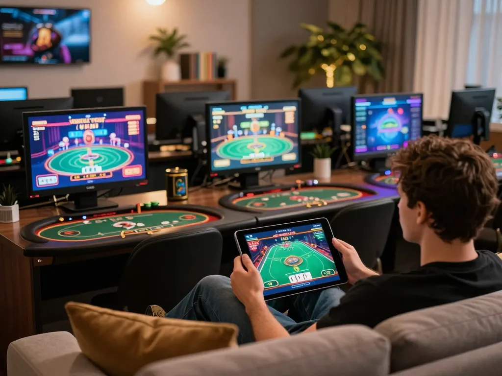 Kubet79 player engaged in online poker with tablet in a cozy home environment.