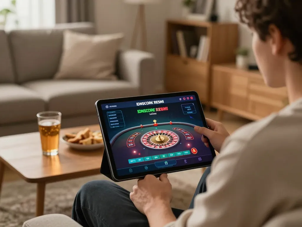 IDNSCORE RESMI highlights dynamic gameplay while enjoying a live dealer roulette game on a tablet in a cozy home setting.